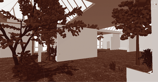 <p>Model van het atrium met tuin (schermopname uit game-engine Unity).</p>