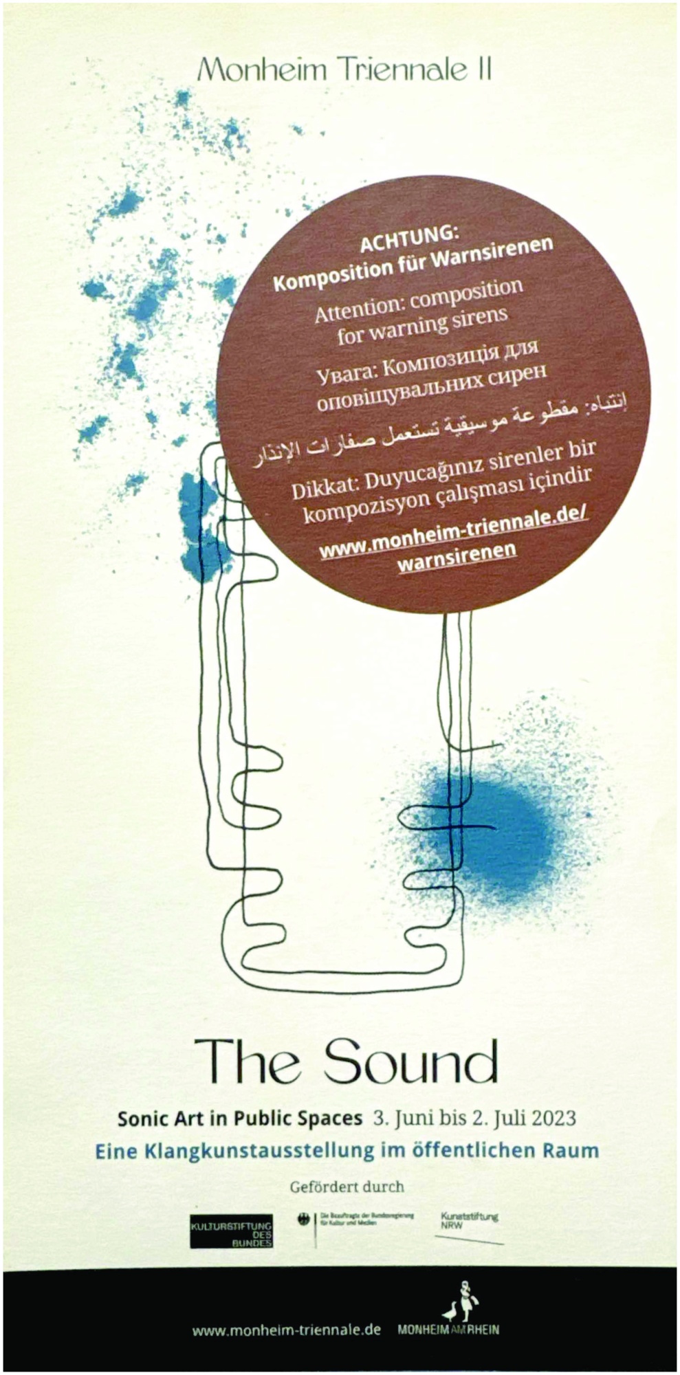 <p>Fig. 6: Cover of the leaflet explaining <em>Collective Signal – Monheim version </em>to the Monheim population: “Attention: composition for warning sirens.” Courtesy Vasilis Marmatakis.</p>